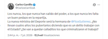 El exdirector de la Ungrd Carlos Carrillo criticó la llegada de Juliana Gutiérrez Zuluaga al Gobierno de De la Espriella - crédito @CarlosCarrilloA/X