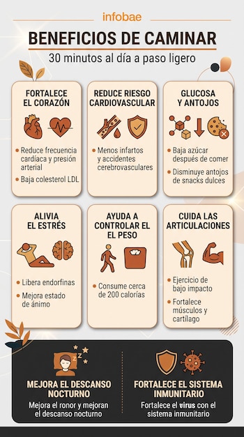 Infografía de Infobae en tonos naranja con ocho secciones explicativas con iconos sobre los beneficios de caminar 30 minutos al día.