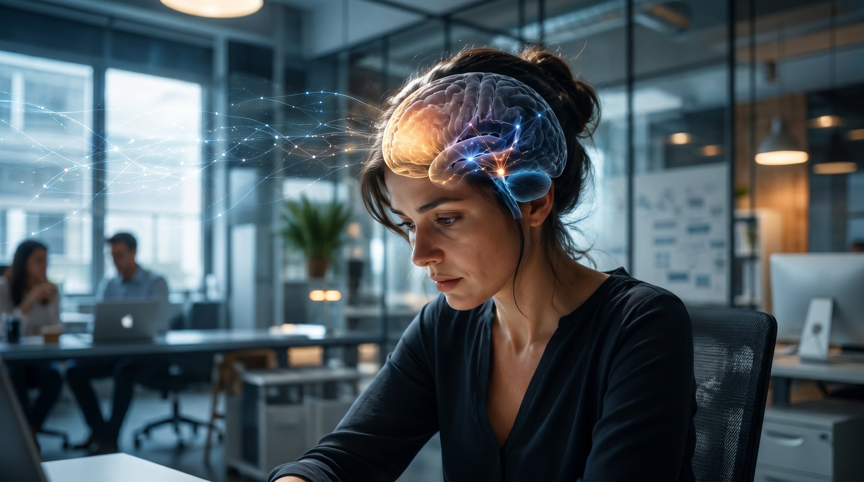 Una mujer trabaja concentrada en una oficina moderna, con una representación digital luminosa de un cerebro que simboliza la integración de la inteligencia artificial y el pensamiento humano para la innovación. (Imagen Ilustrativa Infobae)
