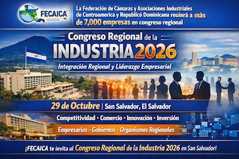 Infografía de FECAICA con logo, texto sobre el Congreso Regional de la Industria 2026 en San Salvador, edificios, bandera de El Salvador y siluetas de personas.