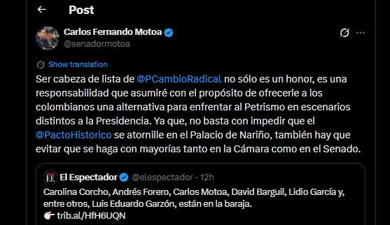 Carlos Fernando Motoa habló de la elección del partido de ponerlo cabeza de lista al Senado - crédito @senadormotoa