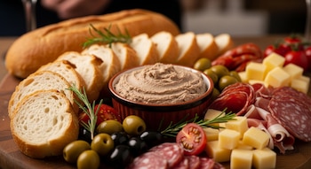 Primer plano de una tabla de madera con picada: paté de hígado en cuenco, pan rebanado, embutidos, queso, aceitunas, tomates cherry y romero.