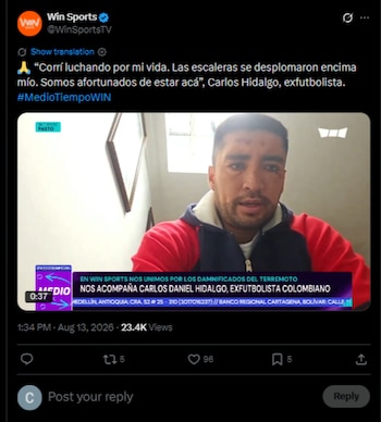 La delegación del Deportivo Pasto fue evacuada de un hotel en Cali luego del terremoto, según relató el técnico Carlos Daniel Hidalgo-crédito @WinSportsTV/X