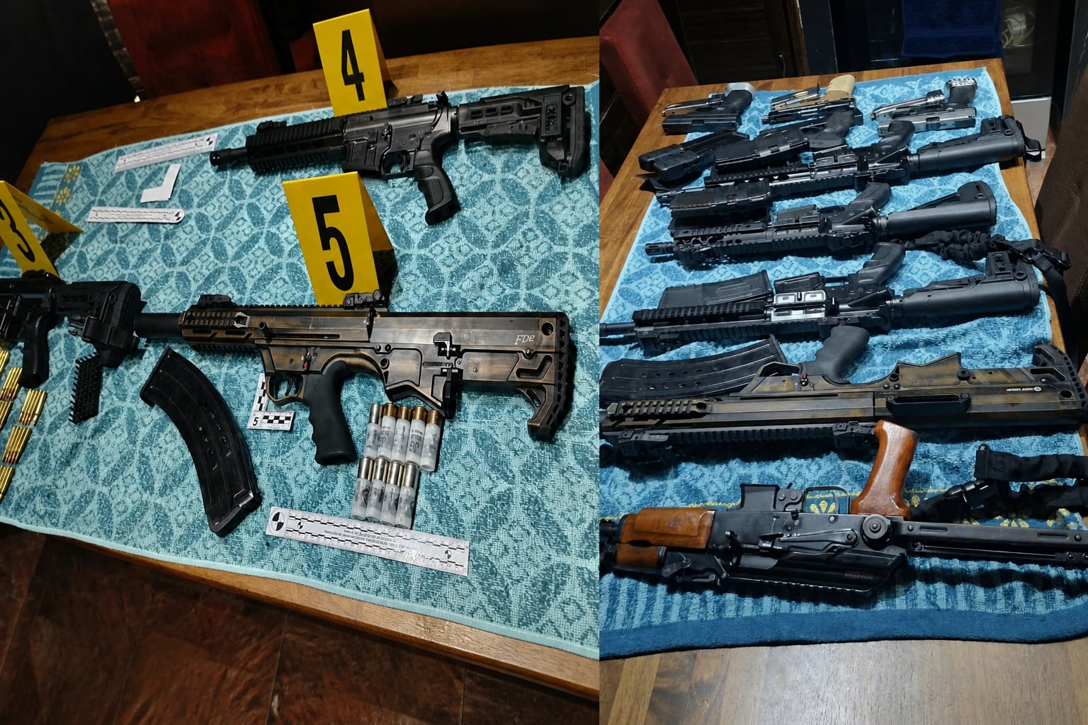 Varias armas de fuego de distinto calibre junto a cartuchos y marcadores numerados de prueba permanecen expuestas sobre una mesa de madera. (Imagen Ilustrativa Infobae)