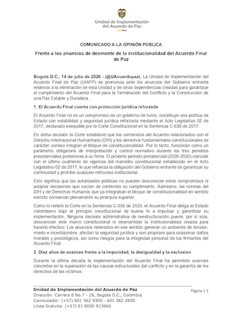 La Unidad de Implementación del Acuerdo de Paz, adscrita al Dapre, sostuvo que lo establecido durante el mandato Juan Manuel Santos con la extinta Farc no depende del gobierno de turno, sino que constituye una política de Estado con blindaje constitucional
- crédito Unidad de Implementación del Acuerdo de Paz