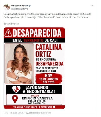 Petro compartió el volante de búsqueda de Catalina Ortíz desde su cuenta de X la mañana del sábado 15 de agosto de 2026 - crédito @petrogustavo/X