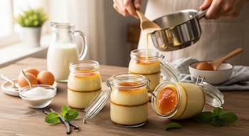 Persona vertiendo mezcla de flan en frascos sobre una mesa de madera, con leche, huevos, azúcar, vainilla y menta fresca.