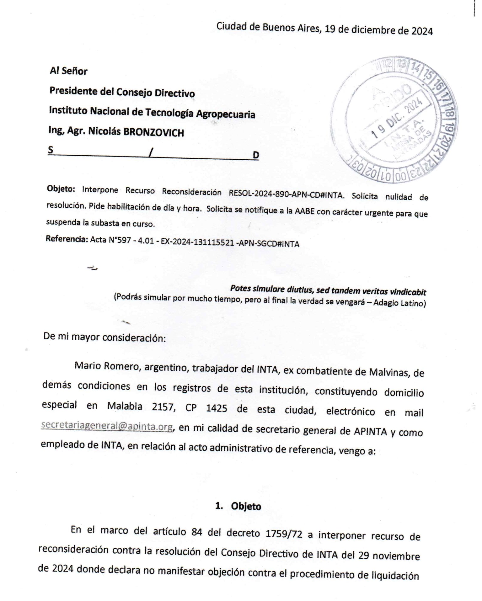 Reclamo de APINTA contra la venta del edificio