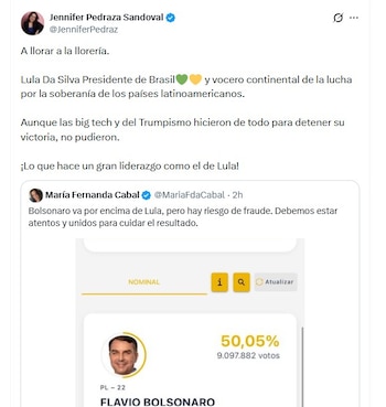 Jennifer Pedraza reaccionó con ironía al apoyo de María José Pizarro ante la victoria de Lula da Silva - crédito @JenniferPedraz/X