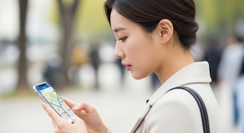 Una mujer surcoreana de perfil sostiene un celular con ambas manos, observando un mapa de ruta en la pantalla.