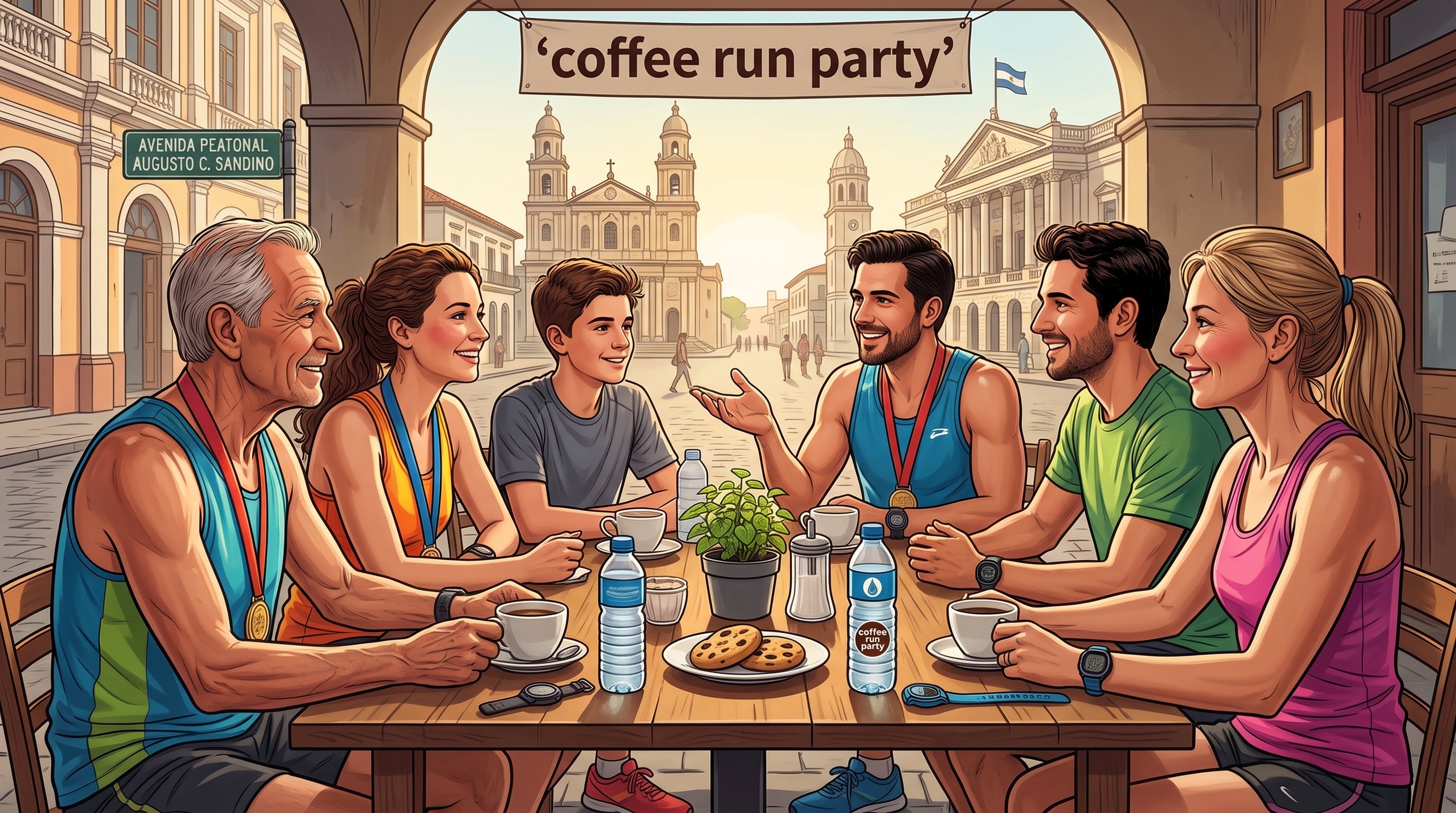 Un grupo de corredores de diferentes edades conversa en una cafetería al aire libre en Managua tras participar en la actividad deportiva Coffee Run Party. (Imagen Ilustrativa Infobae)
