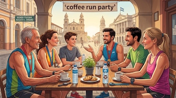 Seis personas con ropa deportiva están sentadas alrededor de una mesa con tazas y botellas frente a una plaza con edificios coloniales.