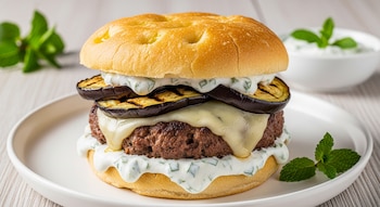 Hamburguesa en pan focaccia con medallón de ternera, queso provolone, berenjenas a la parrilla y salsa de yogur. Presentada en un plato blanco.