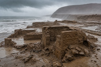 Estructuras antiguas de adobe grabadas sobre suelo con lodo frente al mar bajo la lluvia y un cielo nublado.