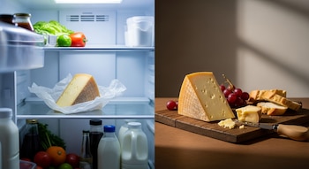 Un refrigerador abierto muestra un trozo de queso y vegetales. A su lado, un queso en tabla con uvas, pan y cuchillo.