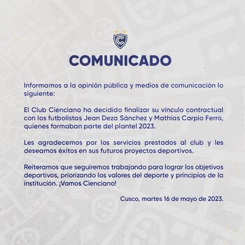 Comunicado del cuadro 'rojo' anunciando