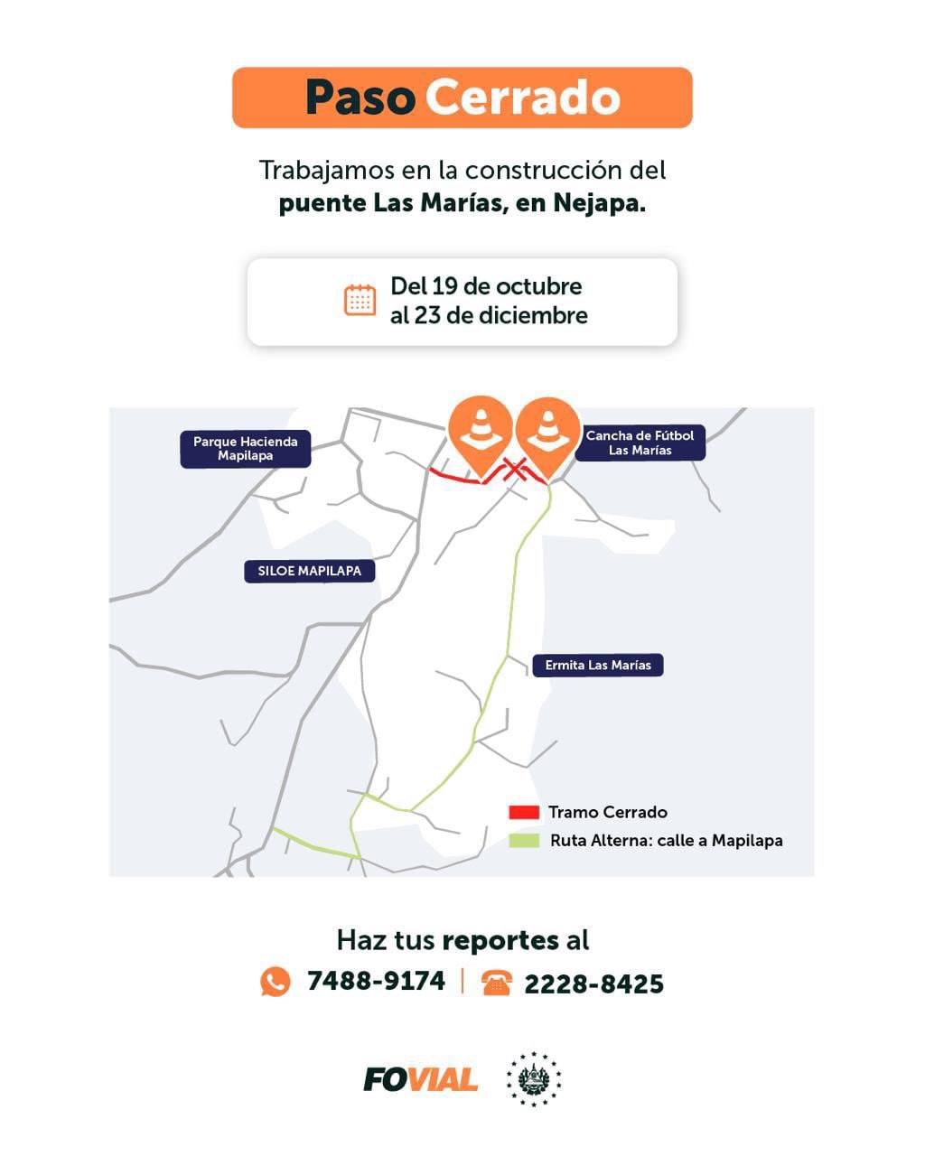 La reconstrucción del puente Las Marías en Nejapa mantendrá el paso cerrado hasta el 23 de diciembre de 2026. (Foto: FOVIAL)