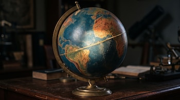 Globo terráqueo de latón iluminado en la franja ecuatorial sobre una mesa de madera oscura con libros y un telescopio al fondo.