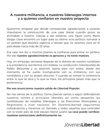 Pronunciamiento de juventudes de Libertad Popular.