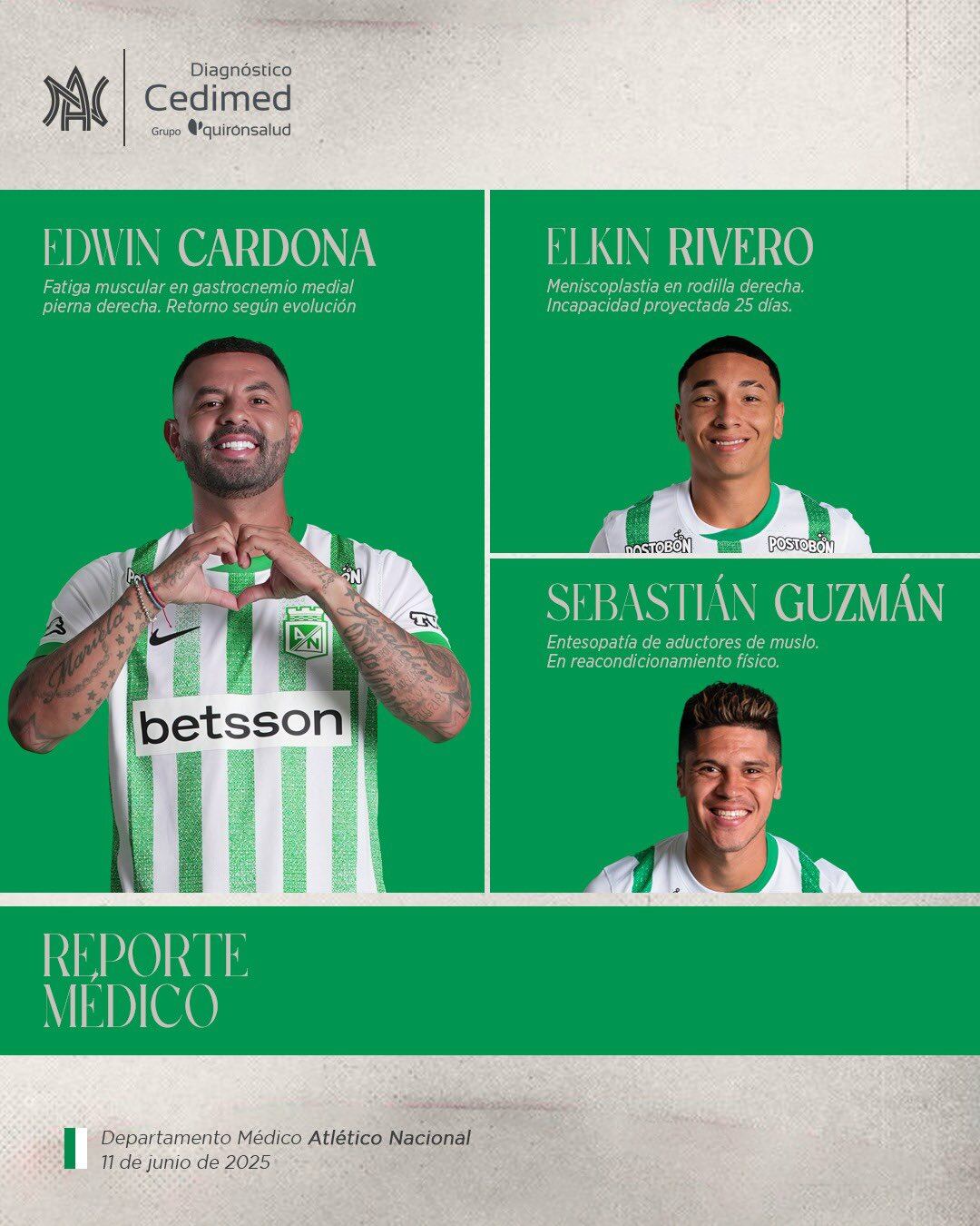 Junto a Edwin Cardona, Atlético Nacional reportó tres bajas en el compromiso ante Santa Fe - crédito Atlético Nacional