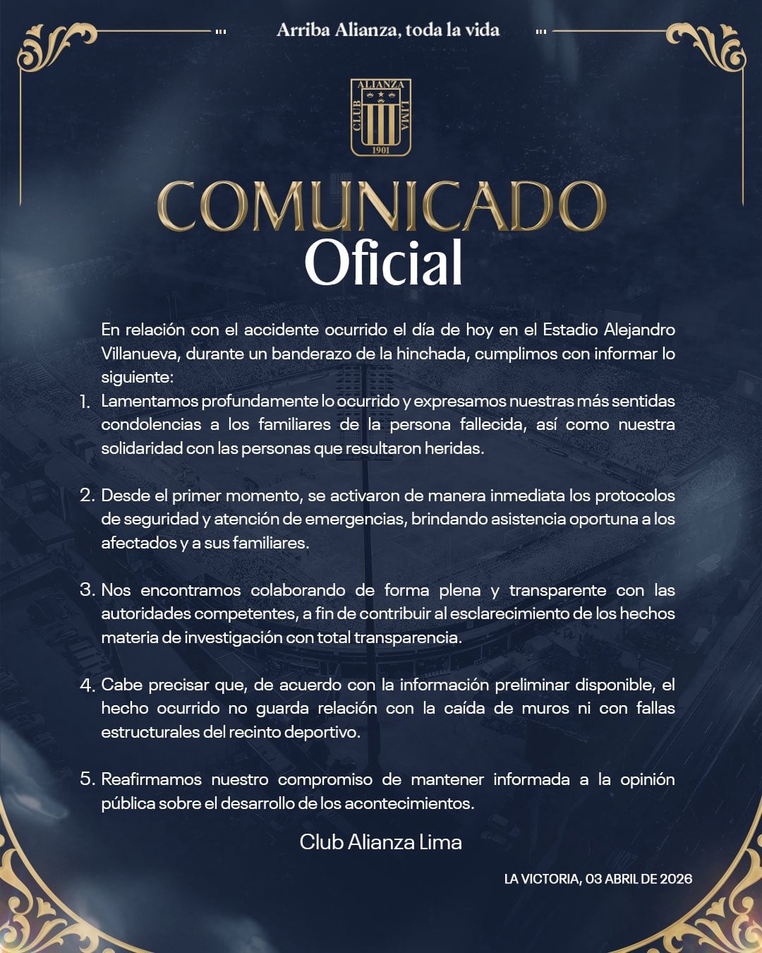 Comunicado de Alianza Lima tras tragedia en Matute.