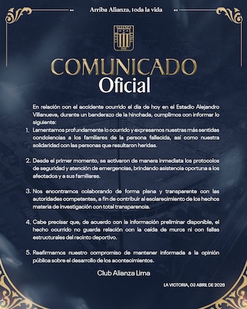 Comunicado de Alianza Lima tras tragedia en Matute.