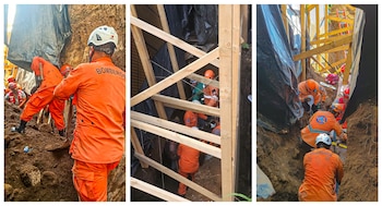 Colapsó un talud en una obra y soterró a tres trabajadores en Santa Ana (Fotos cortesía Protección Civil, Bomberos)