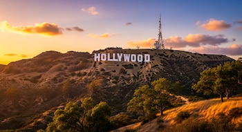 Vista panorámica del cartel de Hollywood en las colinas de Los Ángeles al atardecer, con una torre de transmisión a la derecha y un cielo colorido con nubes.