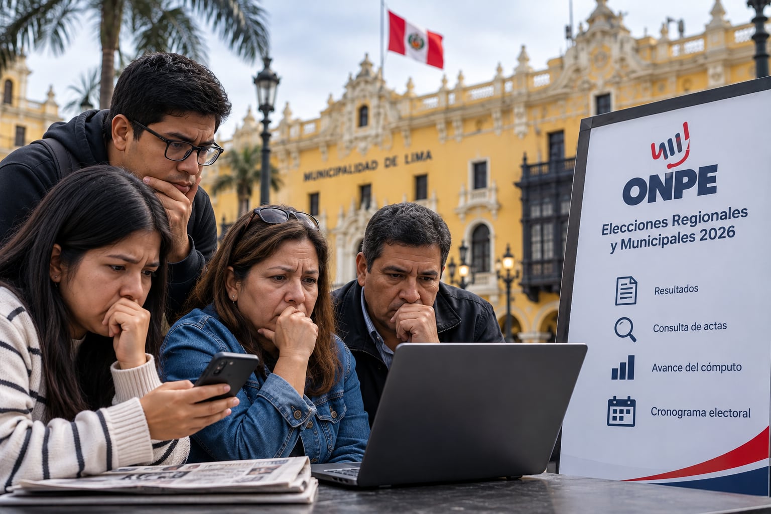 Un grupo de personas observa los datos oficiales de la ONPE sobre las elecciones municipales de 2026 frente a la Municipalidad de Lima. (Imagen Ilustrativa Infobae)