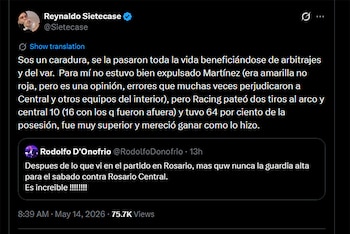 Captura de pantalla de un tuit de Reynaldo Sietecase respondiendo a Rodolfo D'Onofrio, con texto en español sobre arbitrajes de fútbol