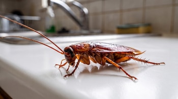Una cucaracha marrón rojiza con largas antenas y patas espinosas se encuentra sobre una encimera blanca de cocina. Al fondo, un grifo y azulejos.