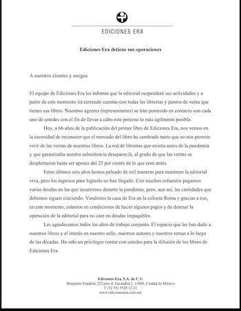 Editorial Era 2 comunicado interno reducción de operaciones Cultura libros México