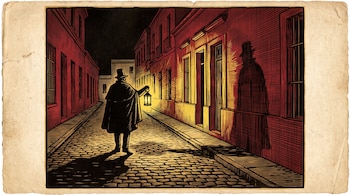 Grabado de un hombre con sombrero, capa y farol encendido en una calle empedrada de noche entre edificios de paredes rojas.