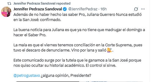 Jennifer Pedraza se pronunció tras el anulamiento del título de Juliana Guerrero, en la Fundación San José - crédito @JenniferPedraz/X