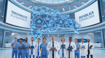 Diez profesionales de la salud con uniformes y batas blancas posan frente a un mapa digital de República Dominicana con iconos de hospitales y camas.