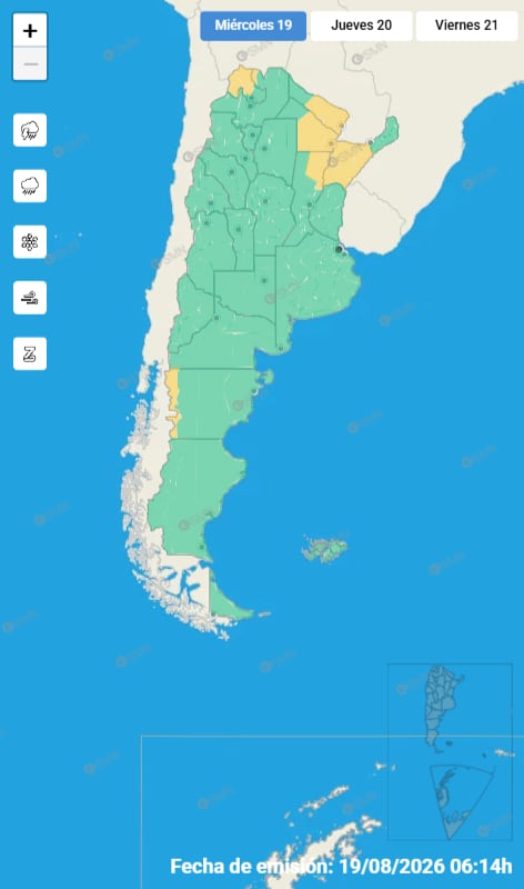 Un mapa de Argentina muestra las alertas meteorológicas por viento para el miércoles 19 de agosto de 2026, emitidas por el Servicio Meteorológico Nacional.