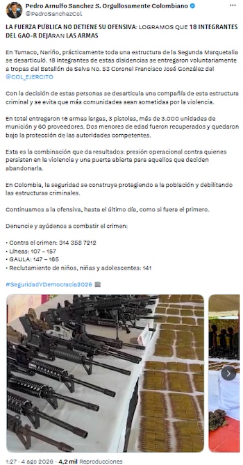 Operativo en Tumaco logra la entrega de 18 miembros de la Segunda Marquetalia y reduce el poder delictivo - crédito @PedroSanchezCol/X