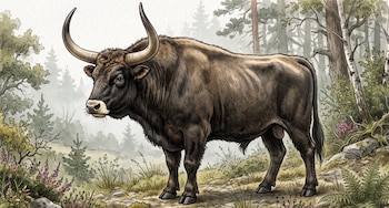 Ilustración de un buey marrón con cuernos largos y curvos parado de perfil en un camino de bosque entre árboles y plantas
