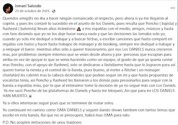 Captura de pantalla de una publicación de redes sociales del perfil de Ismael Salcedo, con fecha "25 de octubre de 2025", mostrando un texto extenso en español sobre un conflicto de banda