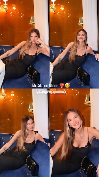 Cuatro fotografías de una mujer con vestimenta negra sentada en un sillón azul con la frase Mi Cita en Miami