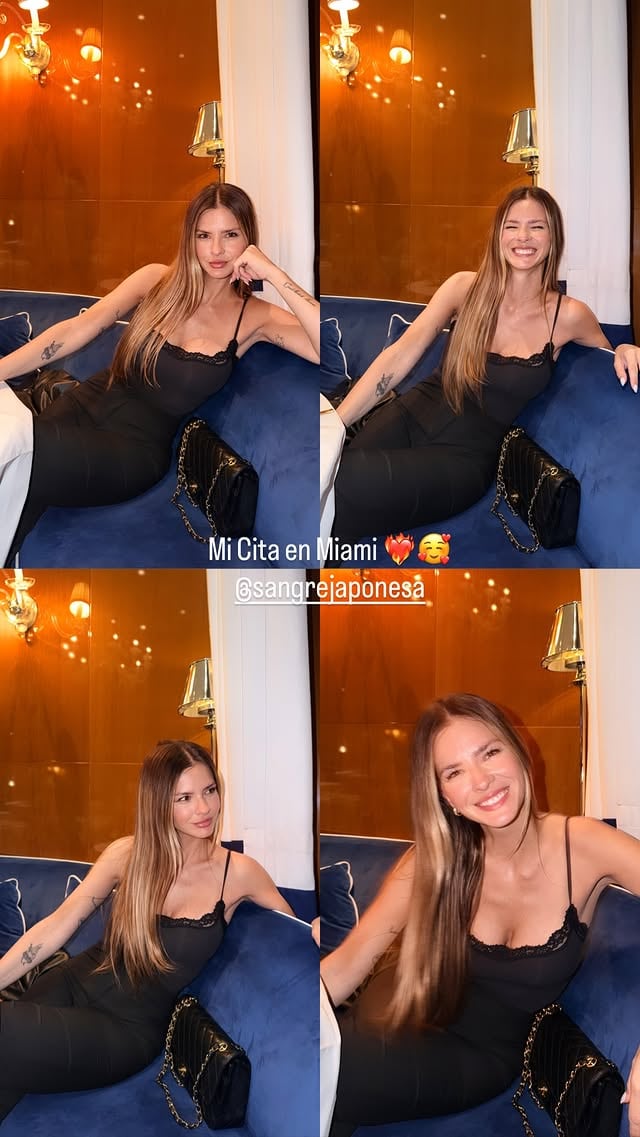 La actriz Eugenia Suárez posa en un sillón azul durante una salida en Miami difundida por Mauro Icardi