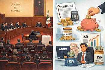 Un pleno judicial con jueces y público; a la derecha, gráficos e ilustraciones sobre pensiones, ahorros, Afore, e Impuesto Sobre la Renta.