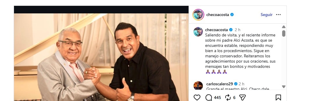 Su hijo Checo Acosta acudió a la visita médica y posteriormente compartió detalles sobre la evolución de su padre - crédito @checoacosta/Instagram