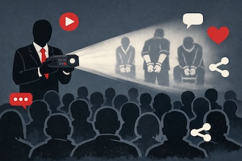Ilustración de una figura sin rostro en traje que proyecta imágenes de personas esposadas a una audiencia. Iconos de redes sociales como compartir y corazón flotan en el aire.