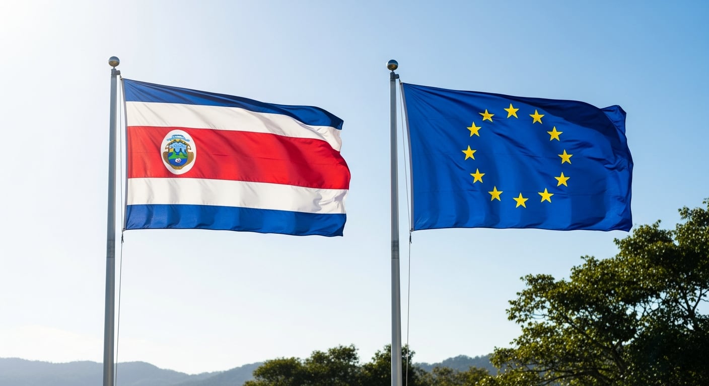 Las banderas de Costa Rica y la Unión Europea ondean una junto a la otra, simbolizando la estrecha relación y cooperación bilateral entre ambas entidades. (Imagen Ilustrativa Infobae)