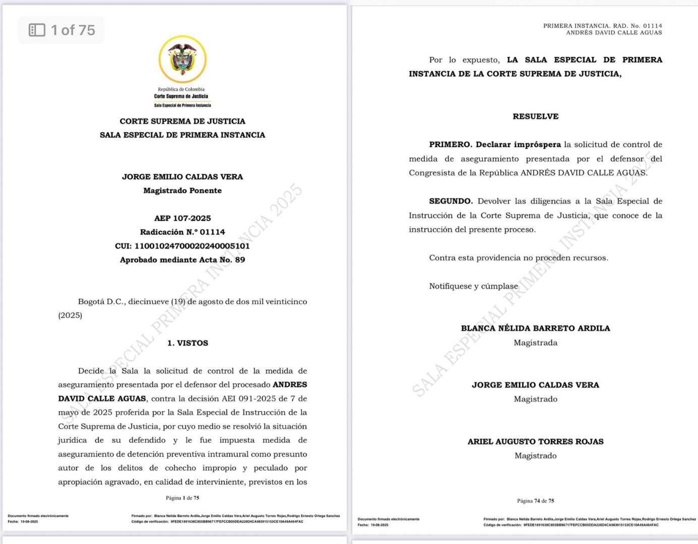 Calle está investigado por cohecho impropio y peculado por apropiación agravado - crédito Corte Suprema de Justicia