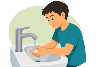 Ilustración de un joven con camiseta azul que sostiene sus manos con espuma bajo el chorro de agua de un grifo en un lavabo.