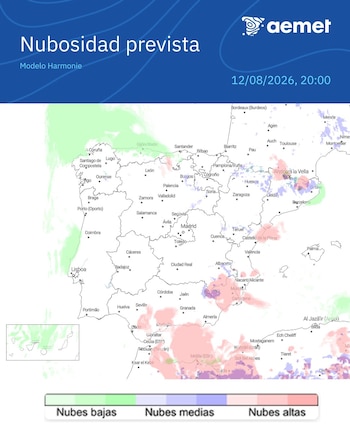 Mapa de nubosidad prevista para este miércoles, a 12 de agosto de 2026 . (Aemet)