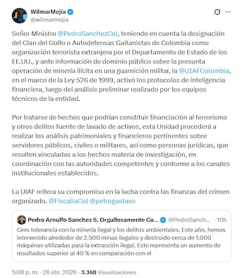 O diretor da Uiaf, Wilmar Mejía, confirmou a revisão da movimentação de ativos relacionados ao evento - crédito @wilmarmejia/X