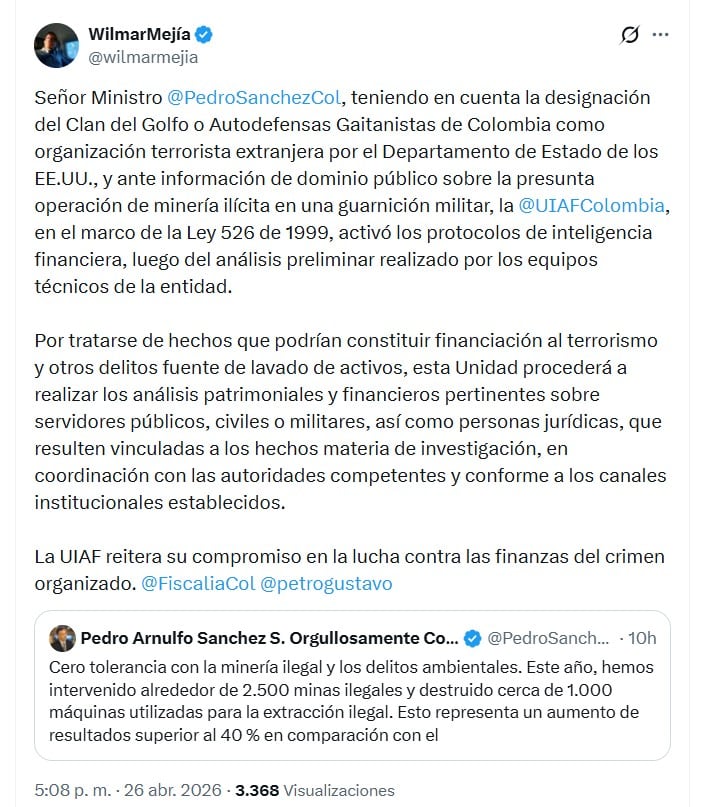 El director de la Uiaf, Wilmar Mejía, confirmó la revisión de movimientos patrimoniales relacionados con los hechos - crédito @wilmarmejia/X